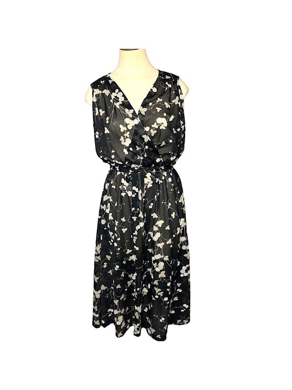 Vintage 70s Black Floral Sheer Midi Dress Sz10 (S-M) Belted Sleeveless Retro